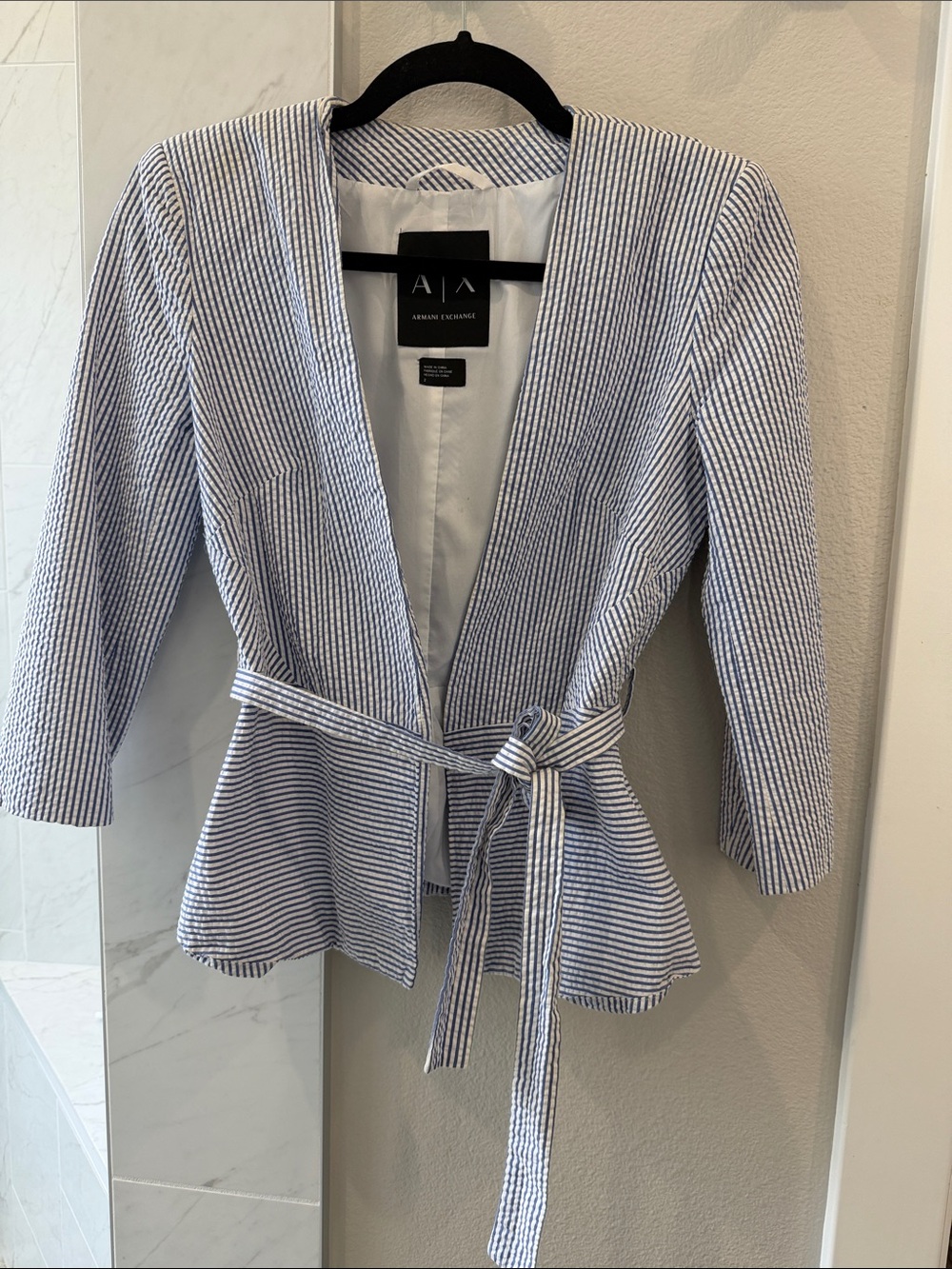 Armani Exchange Blue & White Striped Tie-Waist Jacket